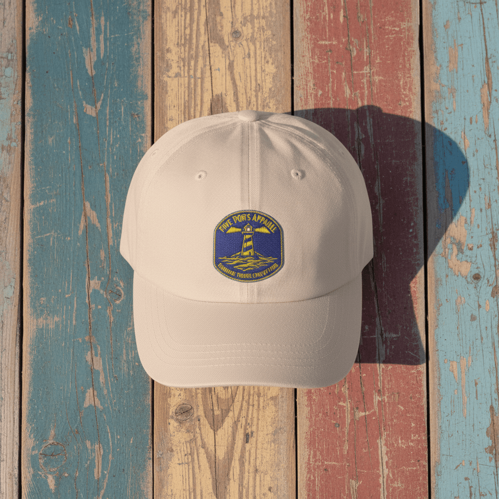 New England Lighthouse Patch Embroidered Cap stone on faded driftwood planks