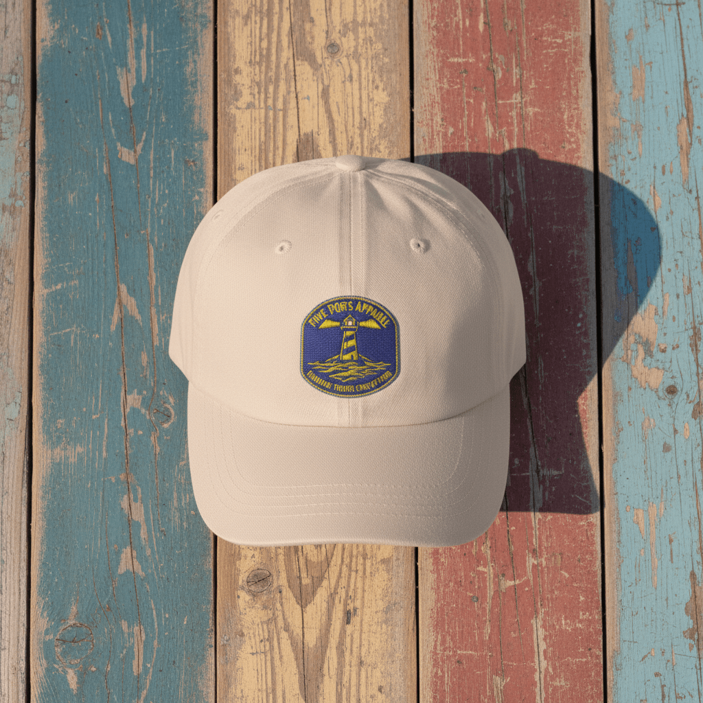 New England Lighthouse Patch Embroidered Cap stone on faded driftwood planks