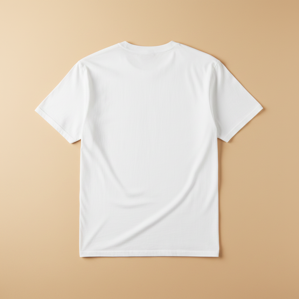 East Coast Wave Tee in White — plain back, warm sand studio background