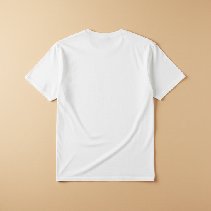 East Coast Wave Tee in White — plain back, warm sand studio background