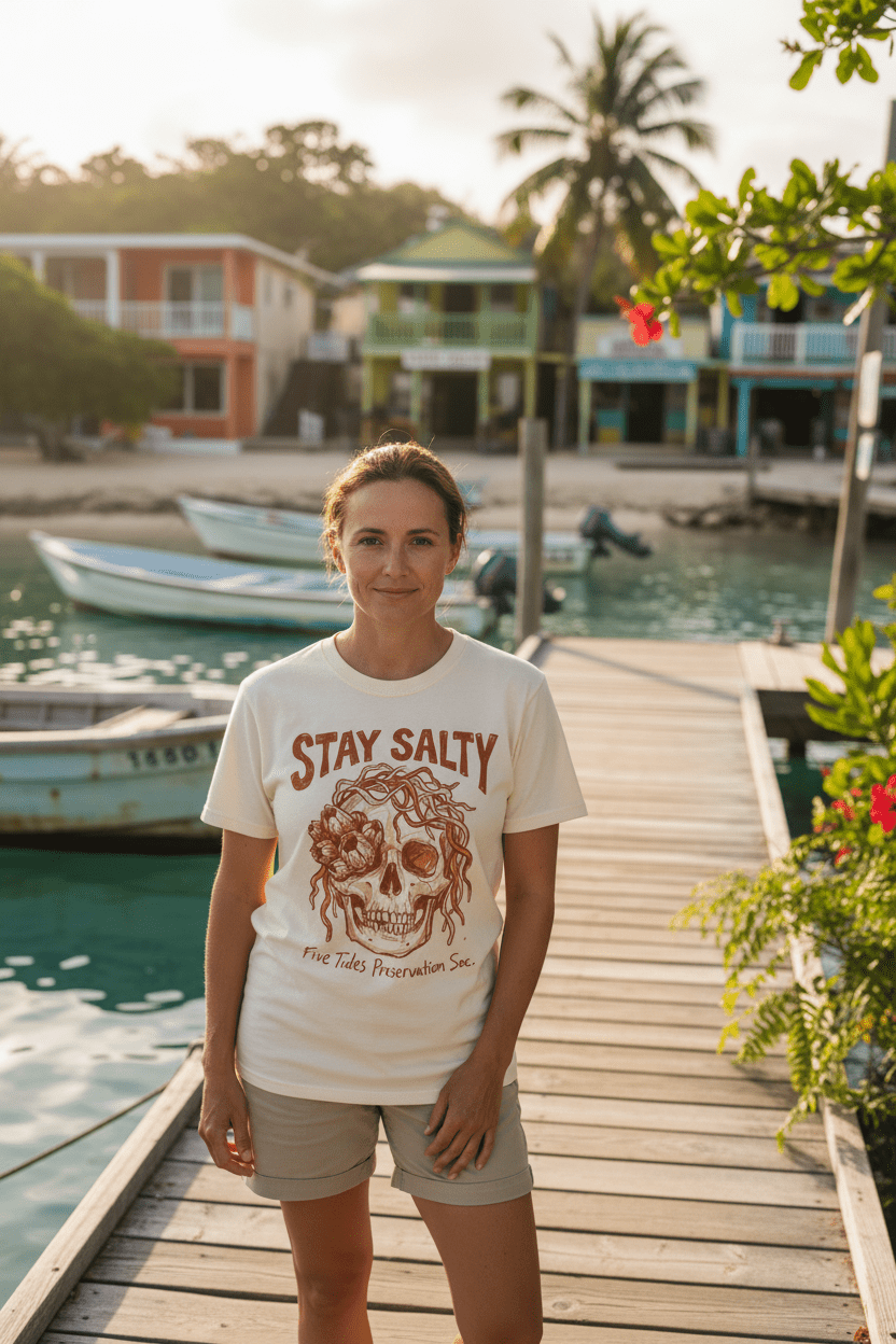 Female model wearing natural ivory Stay Salty Five Tides Preservation Soc. t-shirt on tropical island beach town boat dock