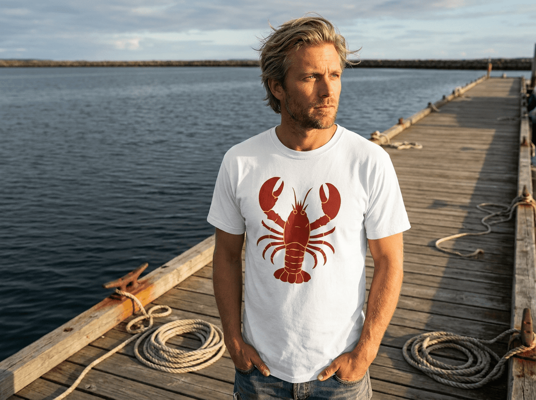 Man wearing a white t-shirt with a red lobster design on a wooden dock by water.