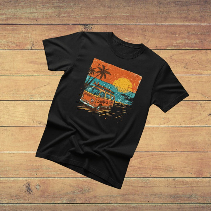 Casual Vintage Beach Van black garment-dyed tee casually tousled on rustic reclaimed wood