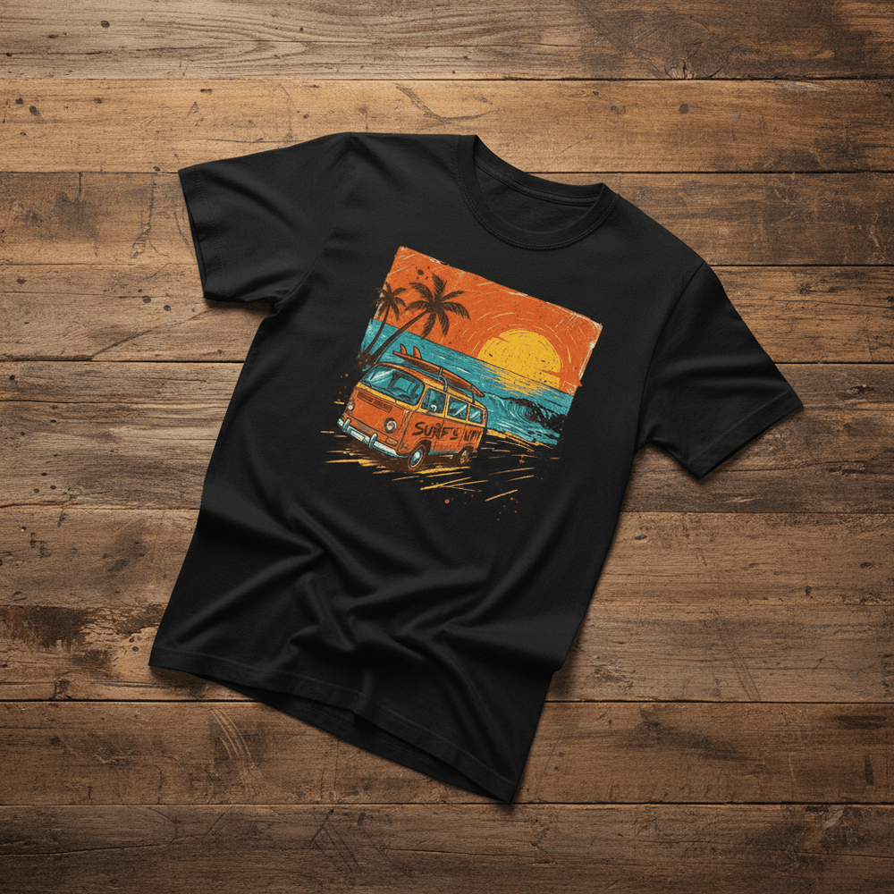 Casual Vintage Beach Van black garment-dyed tee casually tousled on rustic reclaimed wood