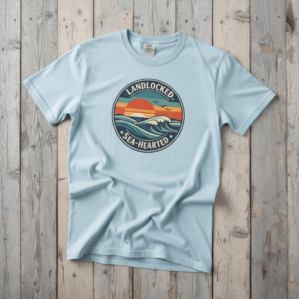 Landlocked Sea-Hearted Sunset chambray garment-dyed tee on faded driftwood planks