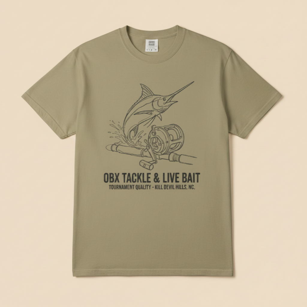 Khaki OBX Tackle &amp; Live Bait marlin tee on sandy beige background — mobile product shot