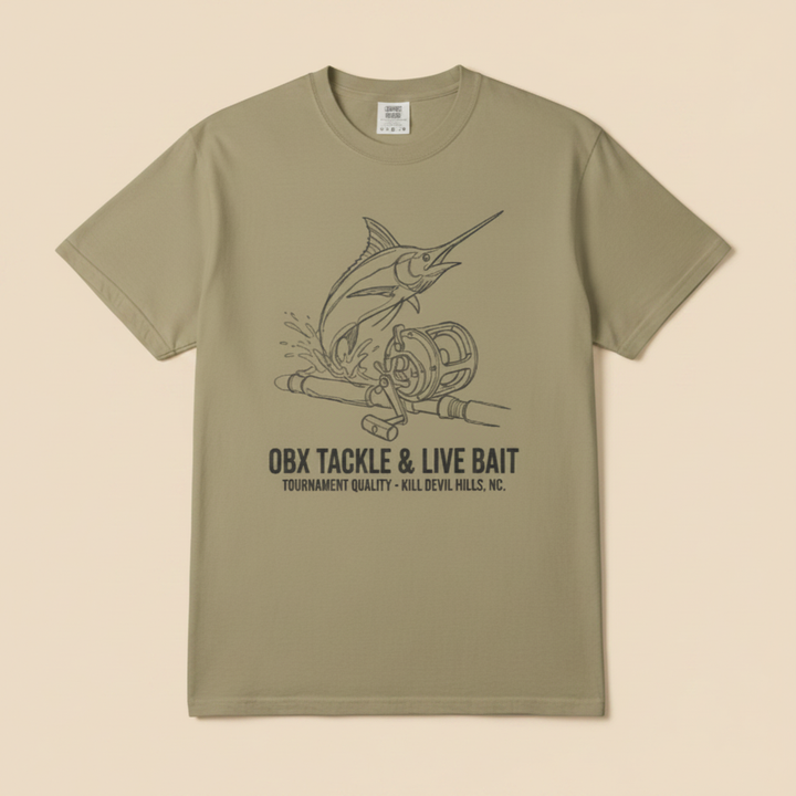 Khaki OBX Tackle &amp; Live Bait marlin tee on sandy beige background — mobile product shot
