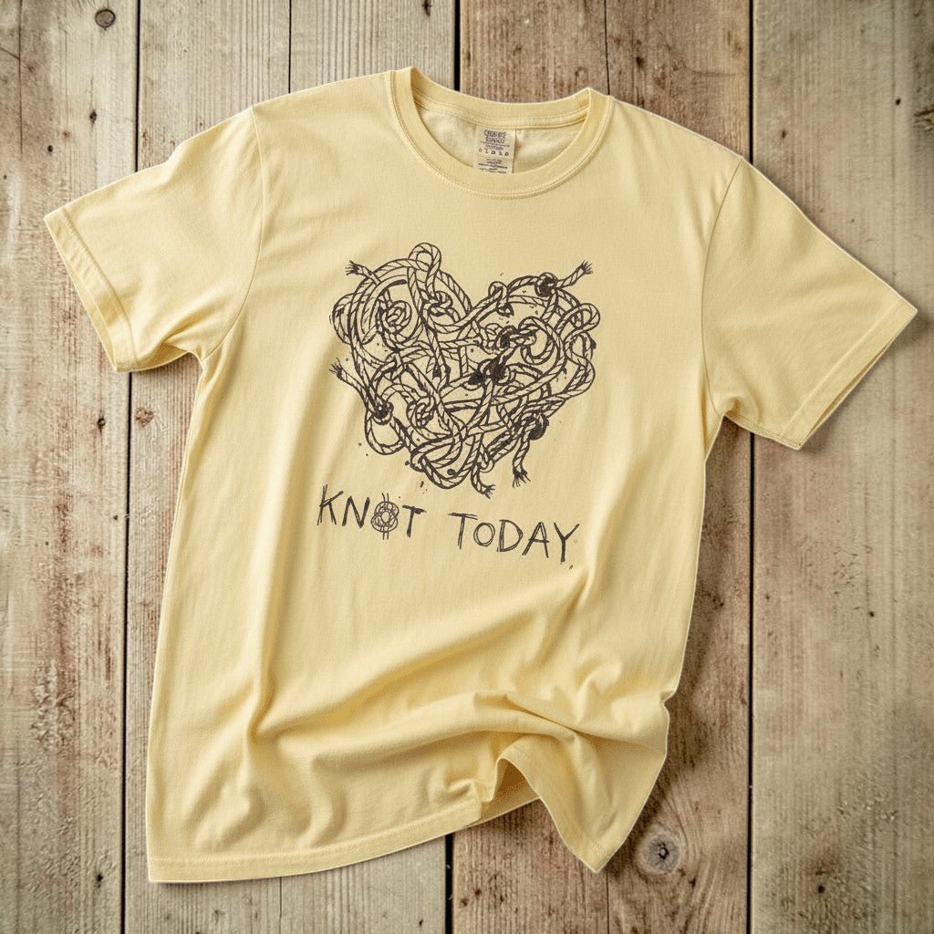 Knot Today banana garment-dyed tee on faded driftwood planks