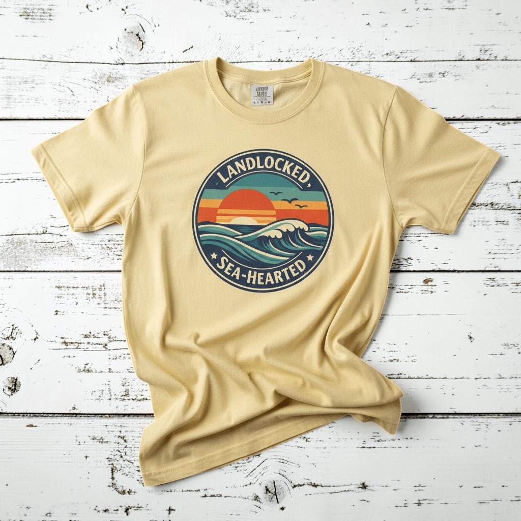 Landlocked Sea-Hearted Sunset banana garment-dyed tee on faded driftwood planks