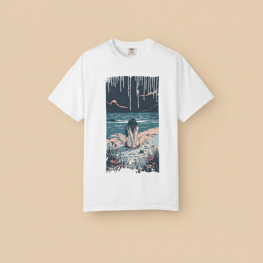 Anime Beach Tee in White — front graphic, warm sand studio background