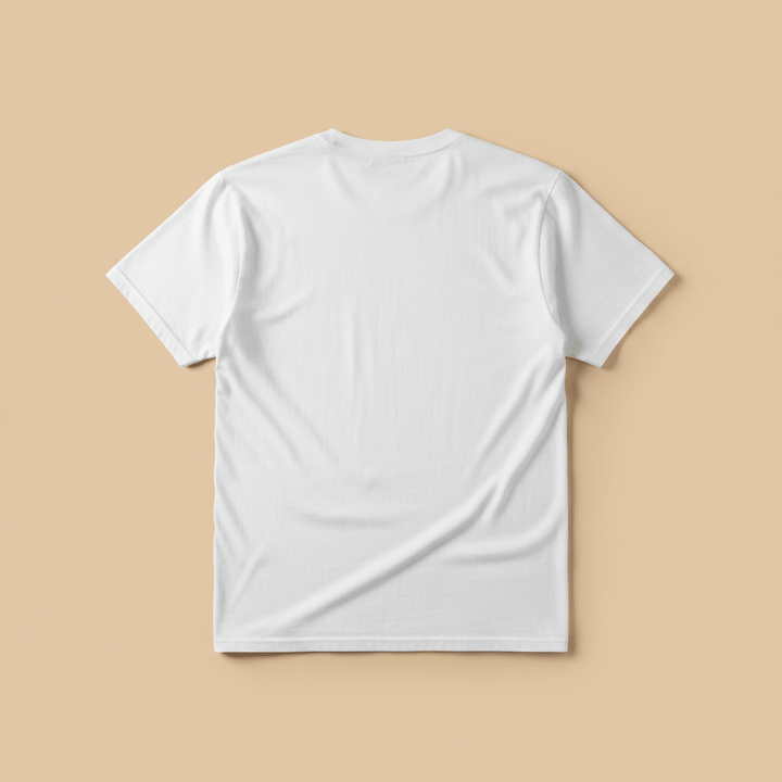 Anime Beach Tee in White — plain back, warm sand studio background