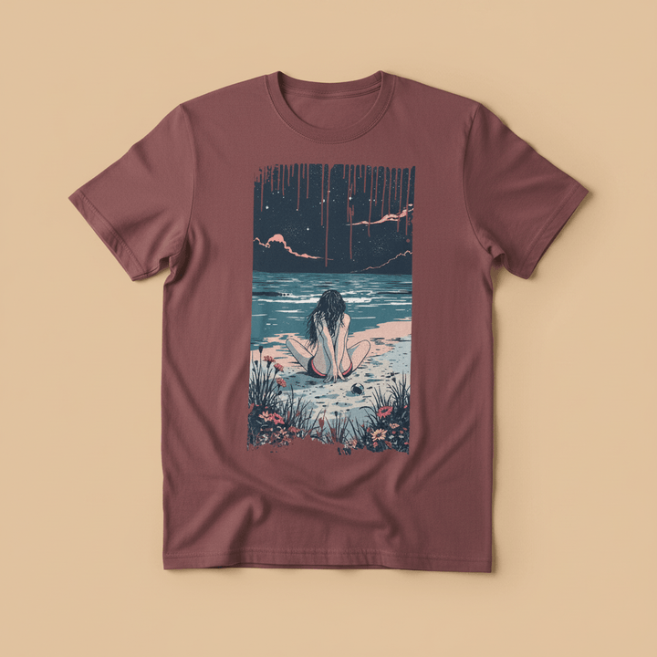 Anime Beach Tee in Mauve/Berry — front graphic, warm sand studio background