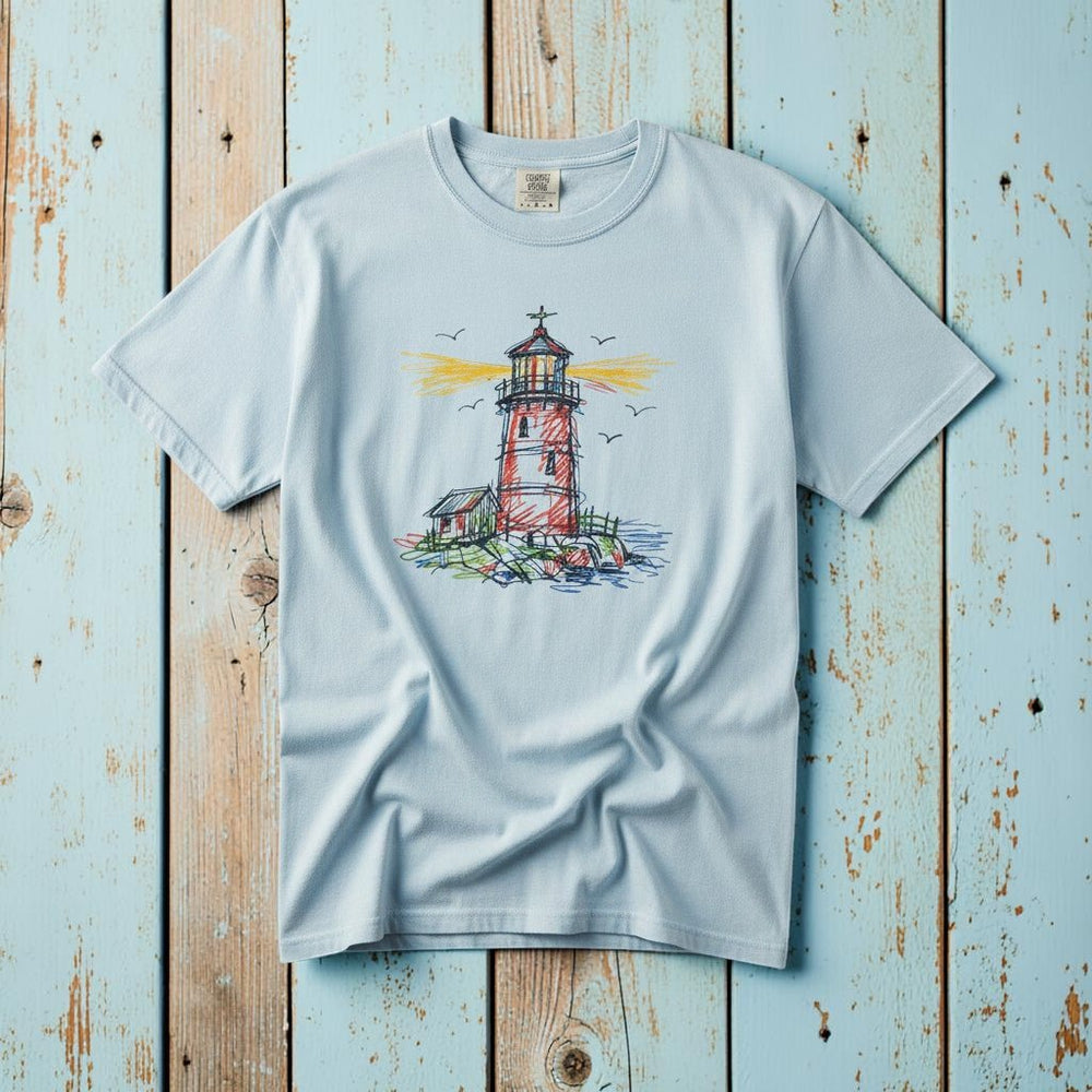 Lighthouse Sketch chambray garment-dyed tee on weathered wood planks