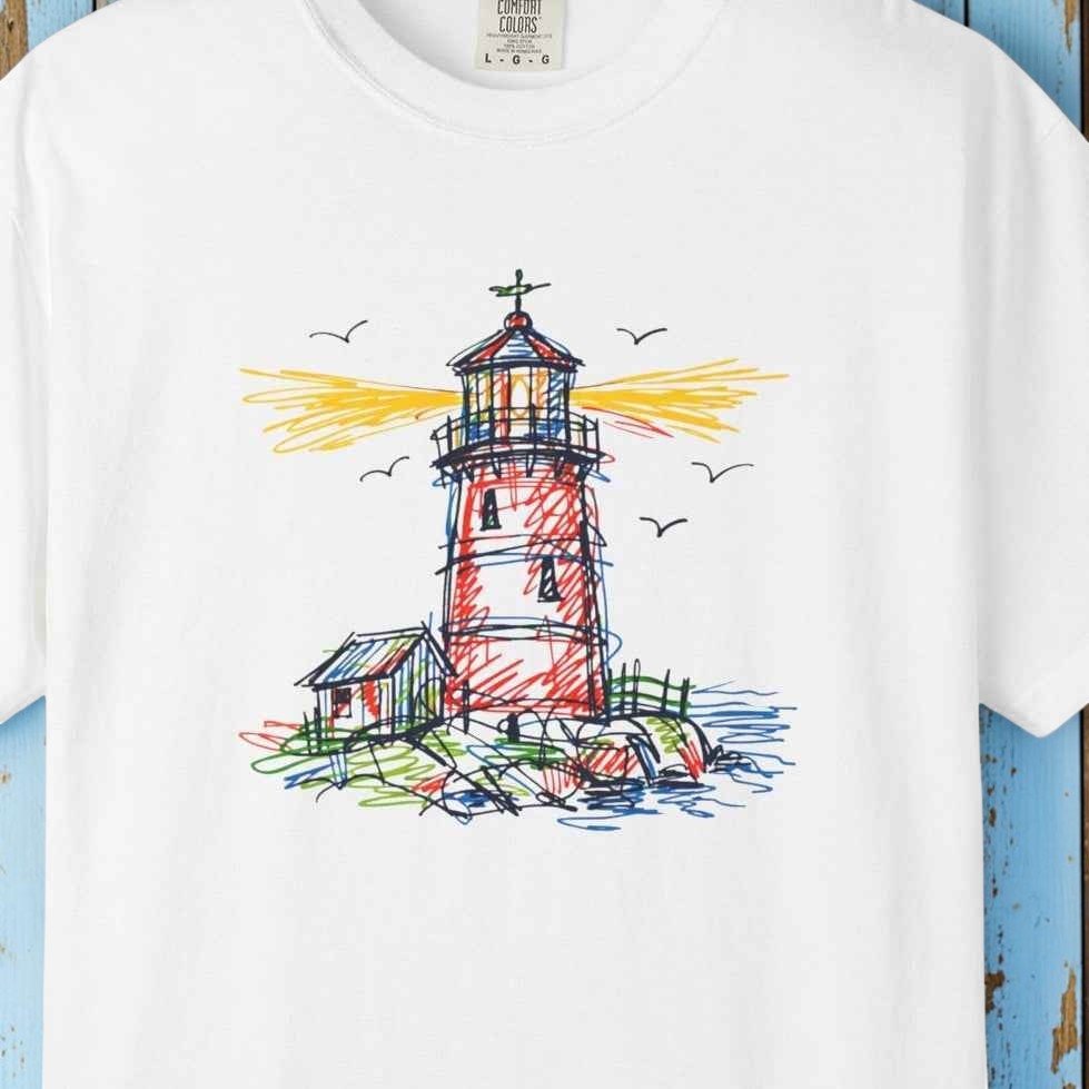 Lighthouse Sketch Graphic Summer T-Shirt - Hand-Drawn Coastal Nautical Tee