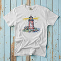 Lighthouse Sketch white garment-dyed tee on weathered wood planks