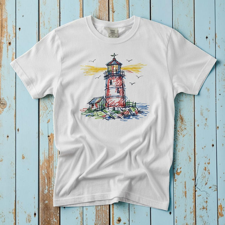 Lighthouse Sketch white garment-dyed tee on weathered wood planks