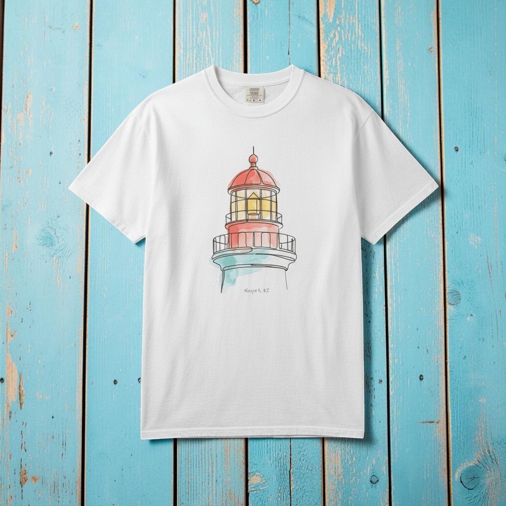 Lighthouse Watercolor white garment-dyed tee laid flat on rustic reclaimed wood