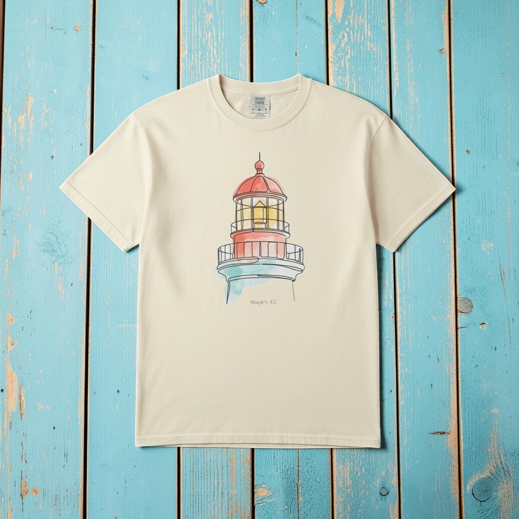Lighthouse Watercolor ivory garment-dyed tee laid flat on rustic reclaimed wood