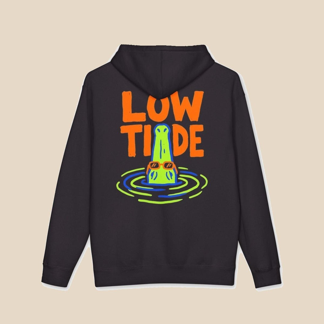 Low Tide black hoodie back view with Low Tide alligator graphic — nautical graphic pullover by Five Tides Apparel