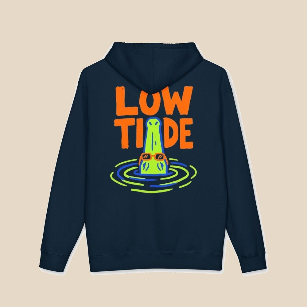 Low Tide navy hoodie back view with Low Tide alligator graphic — nautical graphic pullover by Five Tides Apparel
