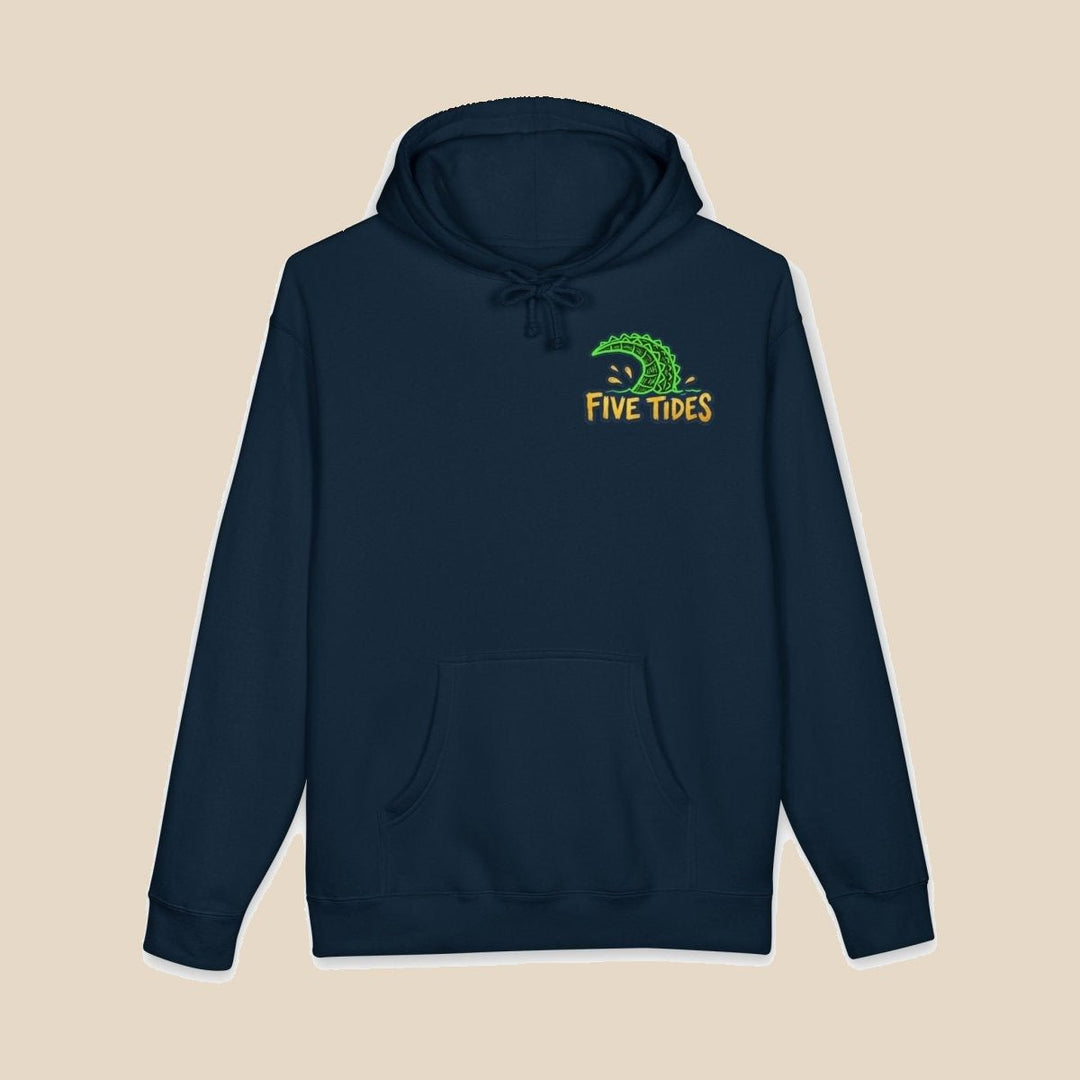 Low Tide navy hoodie front flat lay with Five Tides crest — nautical graphic pullover by Five Tides Apparel