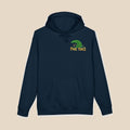 Low Tide navy hoodie front flat lay with Five Tides crest — nautical graphic pullover by Five Tides Apparel