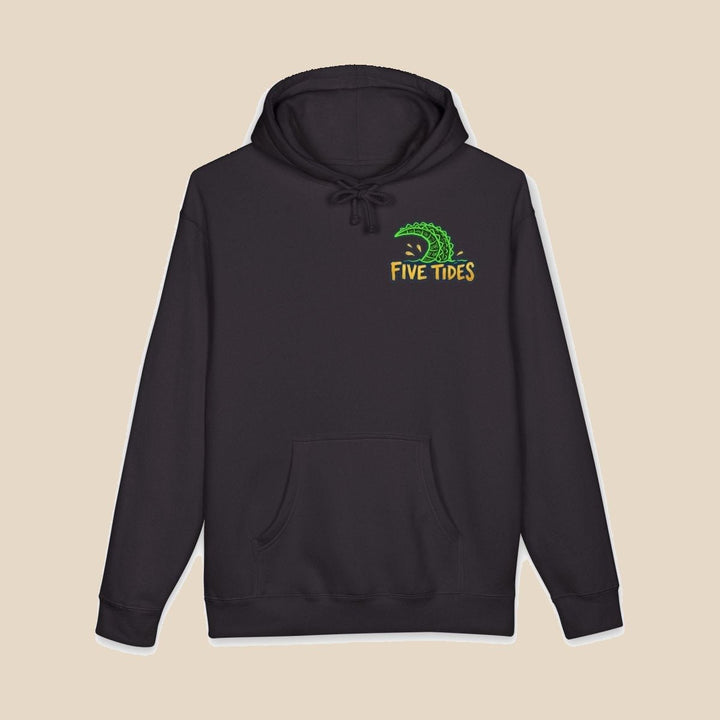 Low Tide black hoodie front flat lay with Five Tides crest — nautical graphic pullover by Five Tides Apparel