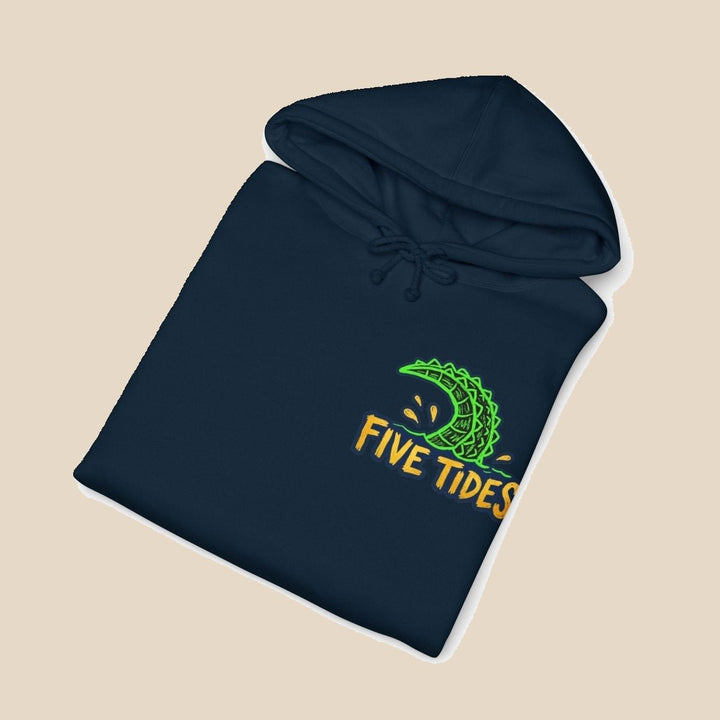 Low Tide Vibe Alligator hoodie — detail shot of this coastal graphic pullover by Five Tides Apparel