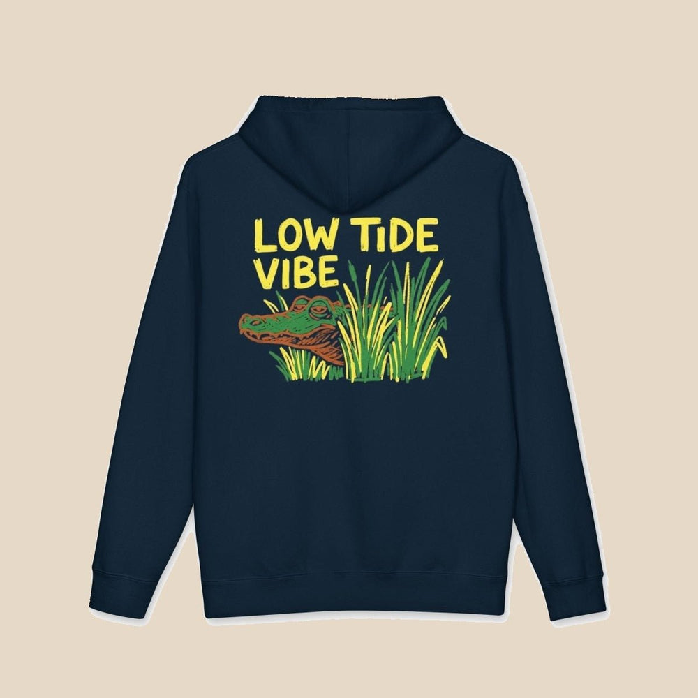 Low Tide Vibe Alligator black and navy hoodie — back view of this garment-dyed coastal graphic pullover by Five Tides Apparel