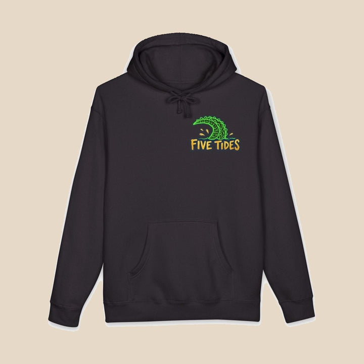 Low Tide Vibe Alligator hoodie — graphic close-up of this coastal graphic pullover by Five Tides Apparel