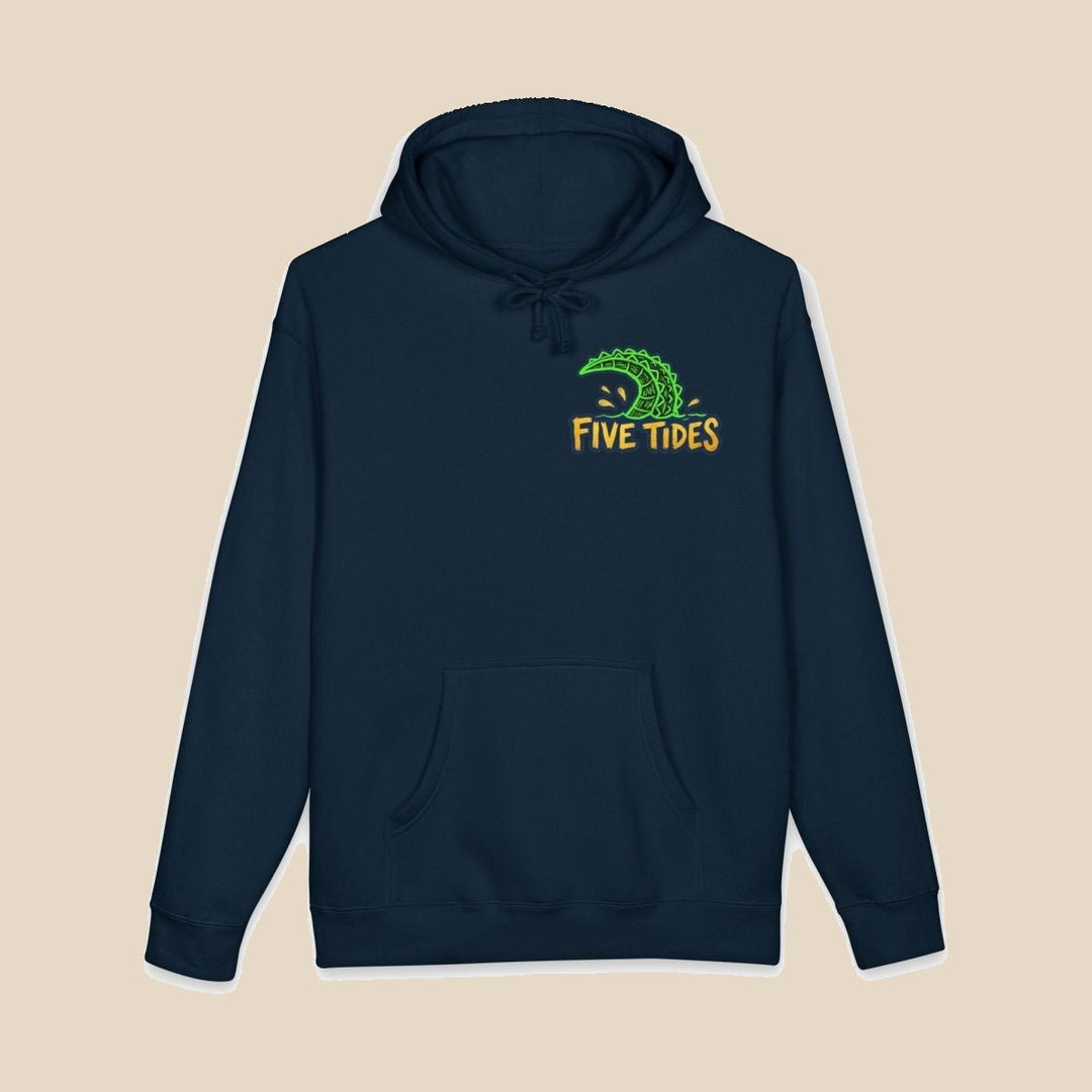 Low Tide Vibe Alligator hoodie — front view of this coastal graphic pullover by Five Tides Apparel