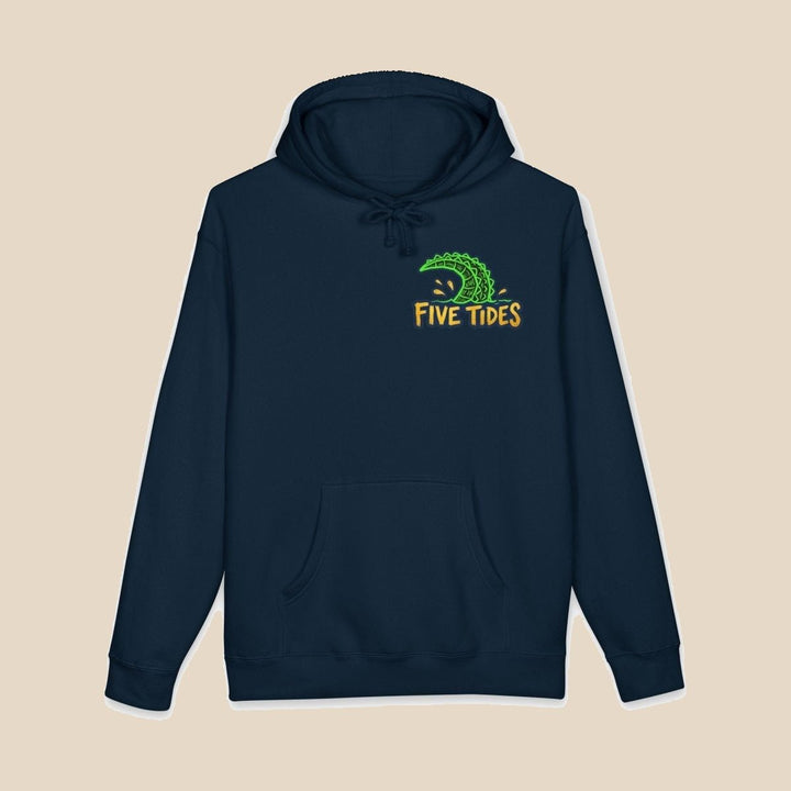 Low Tide Vibe Alligator hoodie — front view of this coastal graphic pullover by Five Tides Apparel