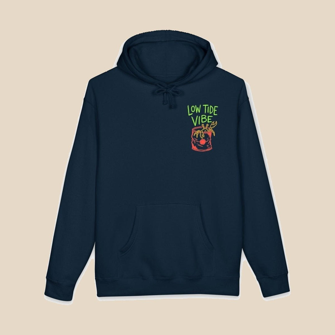 Low Tide Vibe Neon Anchor hoodie — front view of this coastal graphic pullover by Five Tides Apparel