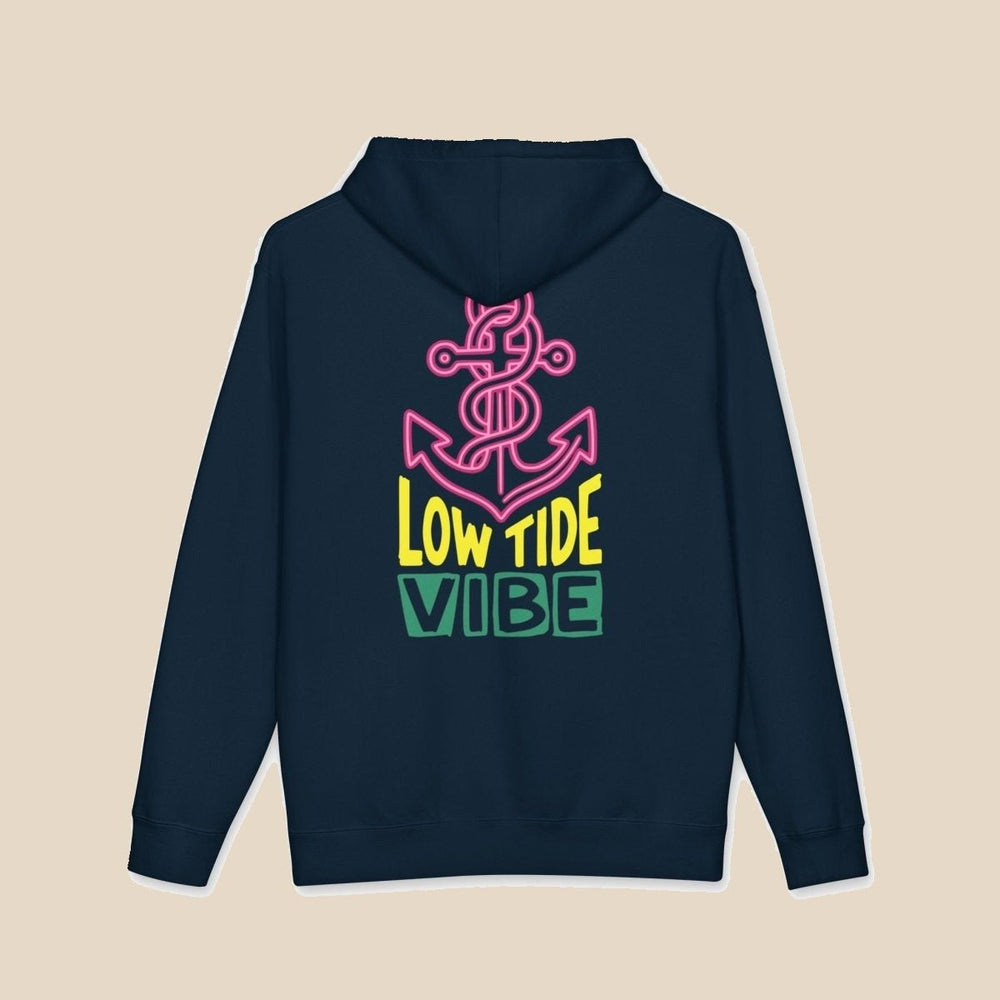 Low Tide Vibe Neon Anchor hoodie — back view of this coastal graphic pullover by Five Tides Apparel