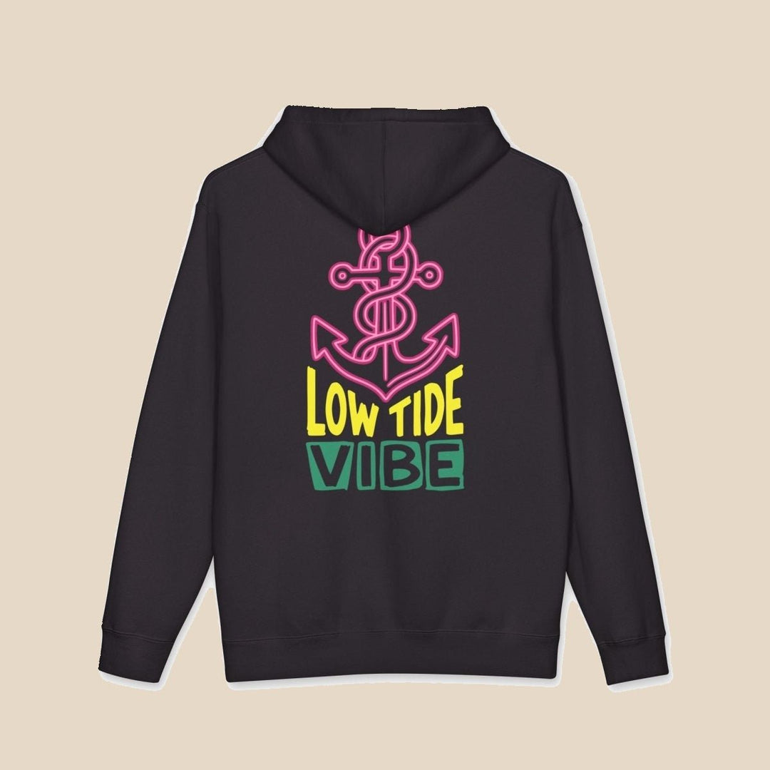 Low Tide Vibe Neon Anchor hoodie — alternate view 7 of this coastal graphic pullover by Five Tides Apparel
