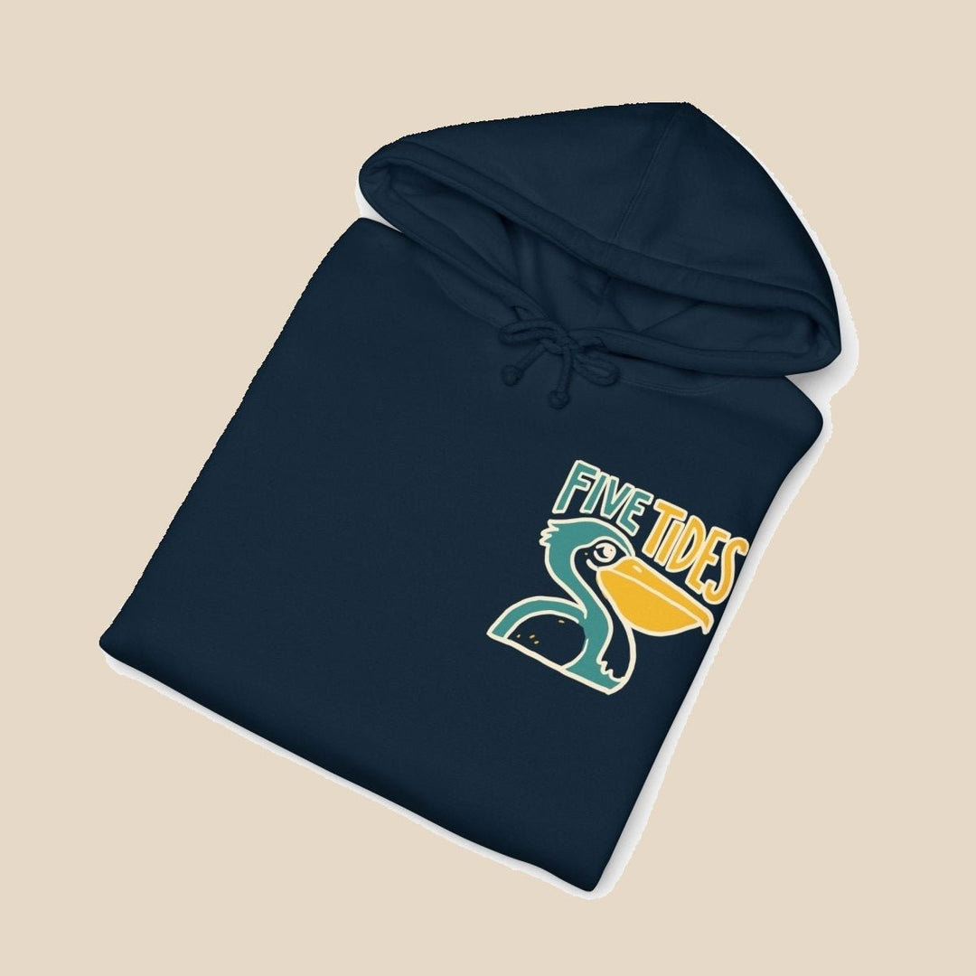 Low Tide Vibe pelican hoodie flat lay, view 4 — coastal graphic pullover by Five Tides Apparel