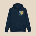 Low Tide Vibe pelican hoodie flat lay, view 1 — coastal graphic pullover by Five Tides Apparel