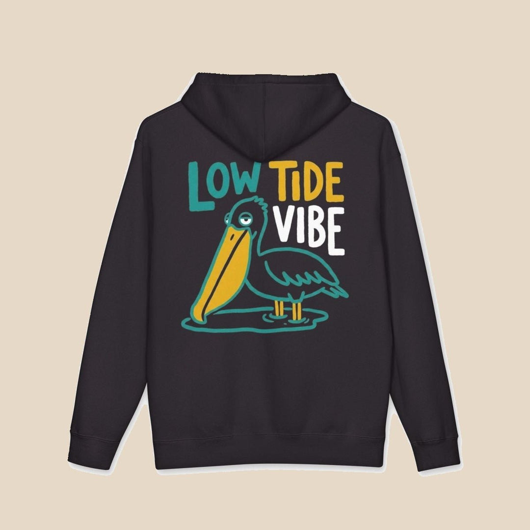 Low Tide Vibe pelican navy hoodie back view of pelican graphic — coastal graphic pullover by Five Tides Apparel