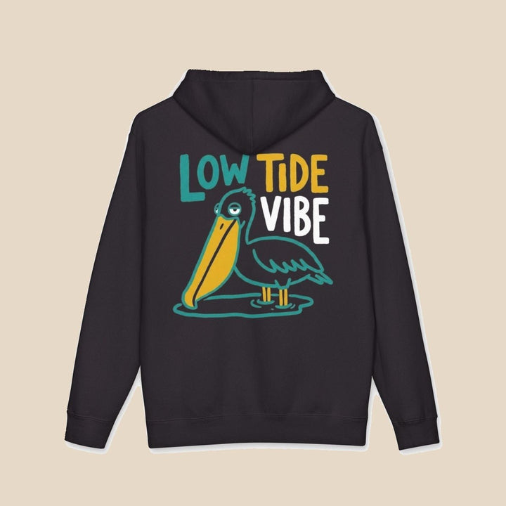 Low Tide Vibe pelican navy hoodie back view of pelican graphic — coastal graphic pullover by Five Tides Apparel