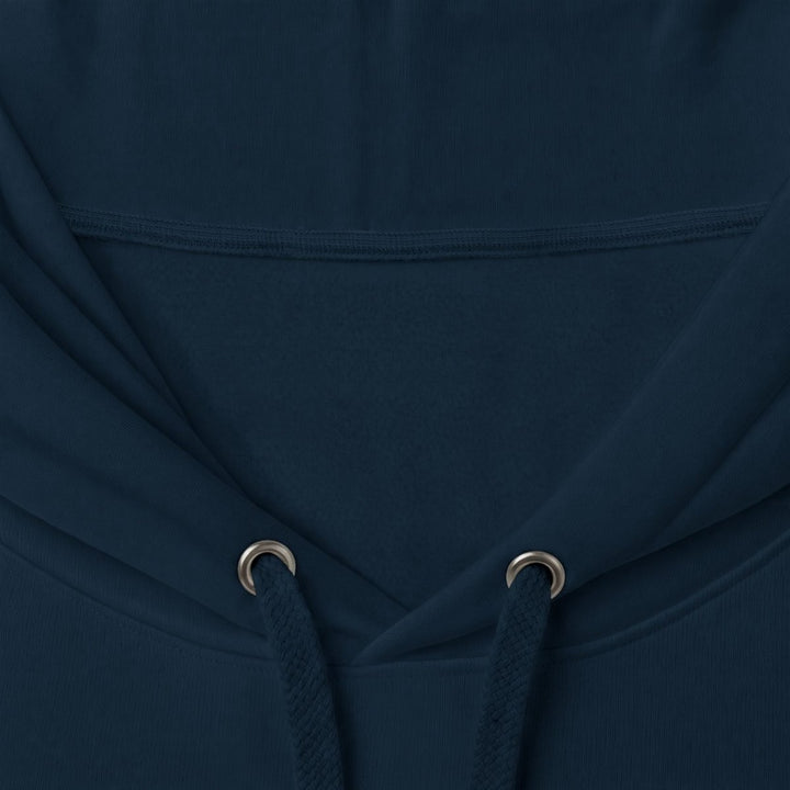 Low Tide Vibe pelican navy hoodie chest print front flat lay — coastal graphic pullover by Five Tides Apparel