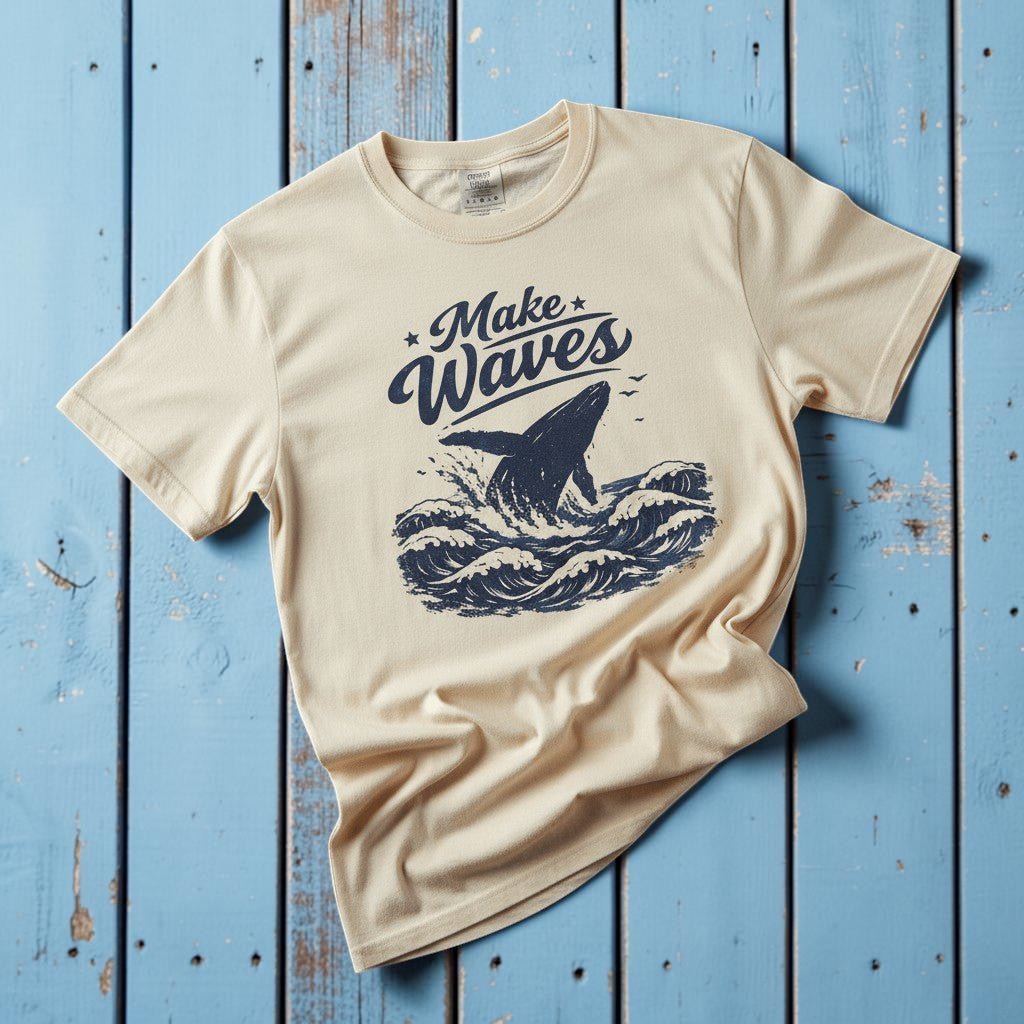 Make Waves ivory garment-dyed whale tee casually tousled on rustic reclaimed wood