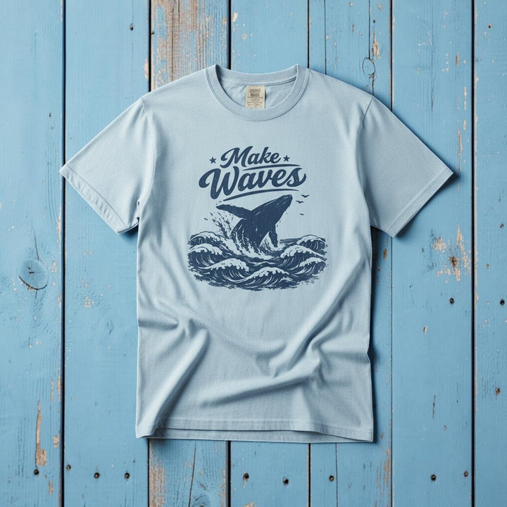 Make Waves chambray garment-dyed whale tee casually tousled on rustic reclaimed wood