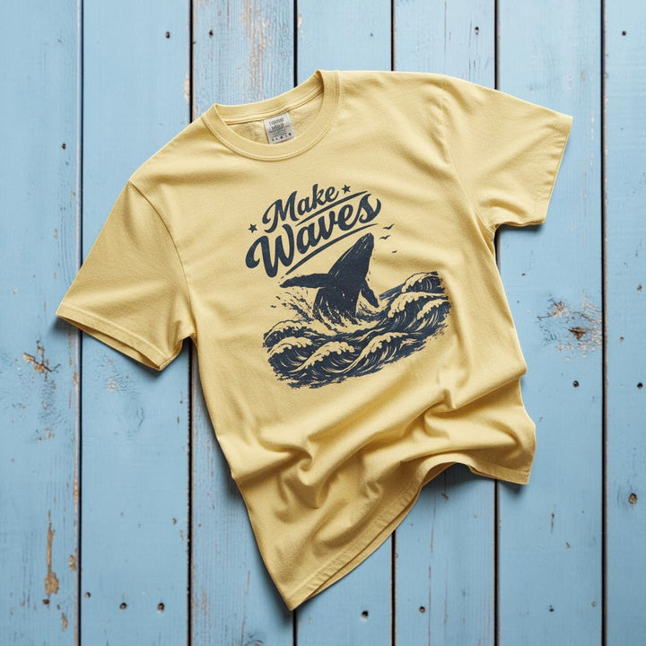 Make Waves banana garment-dyed whale tee casually tousled on rustic reclaimed wood