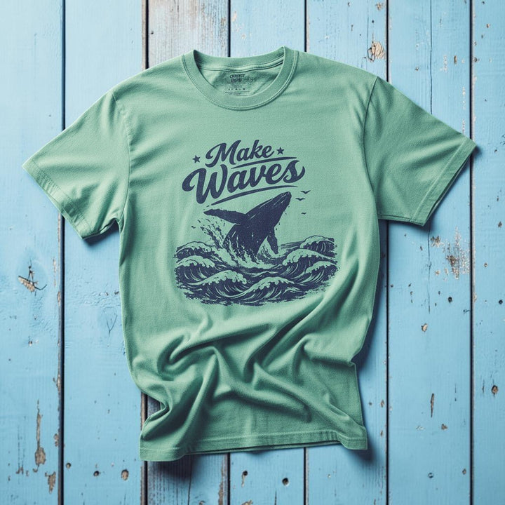 Make Waves island reef garment-dyed whale tee casually tousled on rustic reclaimed wood