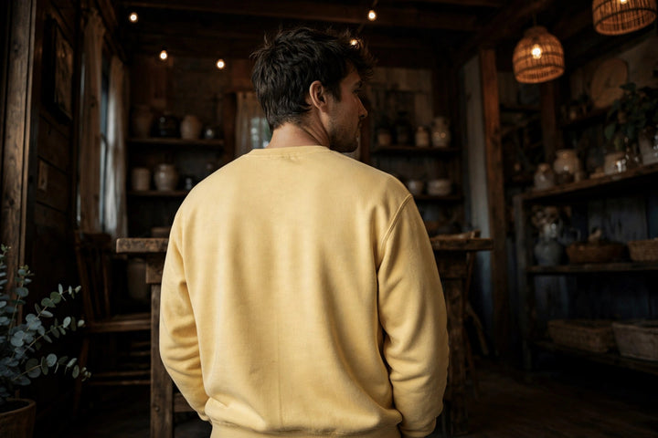 Driftwood Beach Sweatshirt — in the Five Tides room, male back
