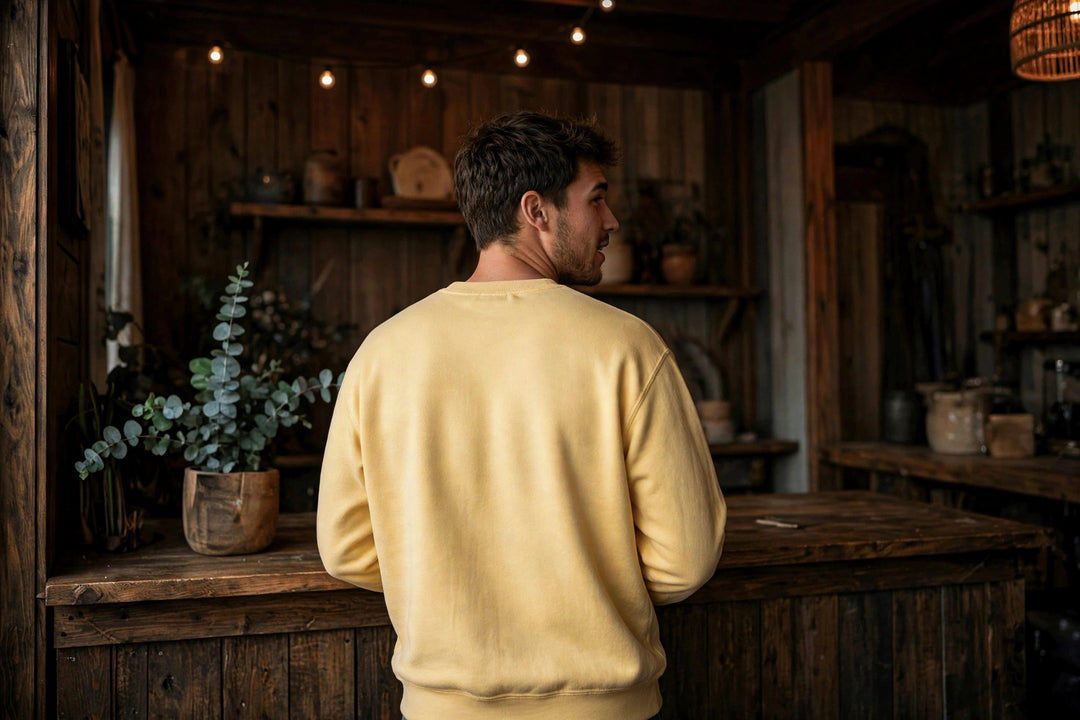 Fish Sweatshirt — in the Five Tides room, male back