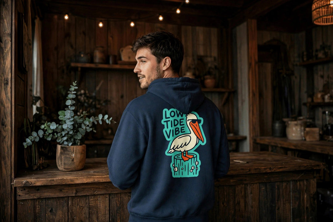 Low Tide Vibe Pelican Hoodie — in the Five Tides room, male back