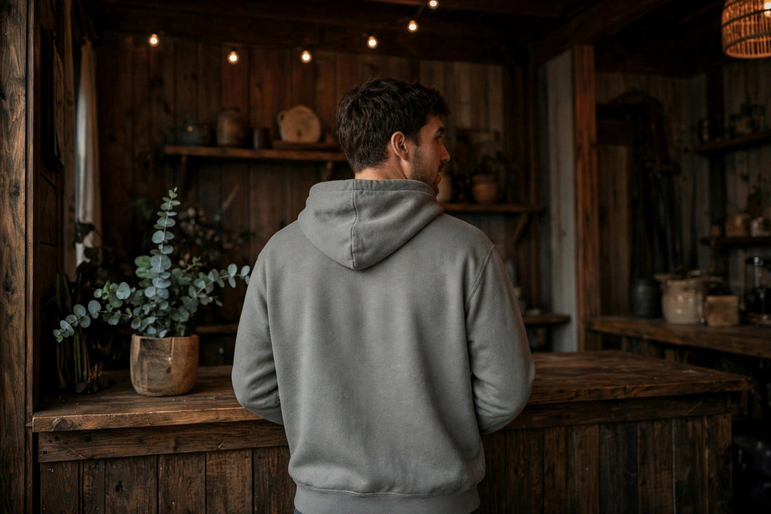 Crabby Cab Co. Crab Taxi Hoodie — in the Five Tides room, male back