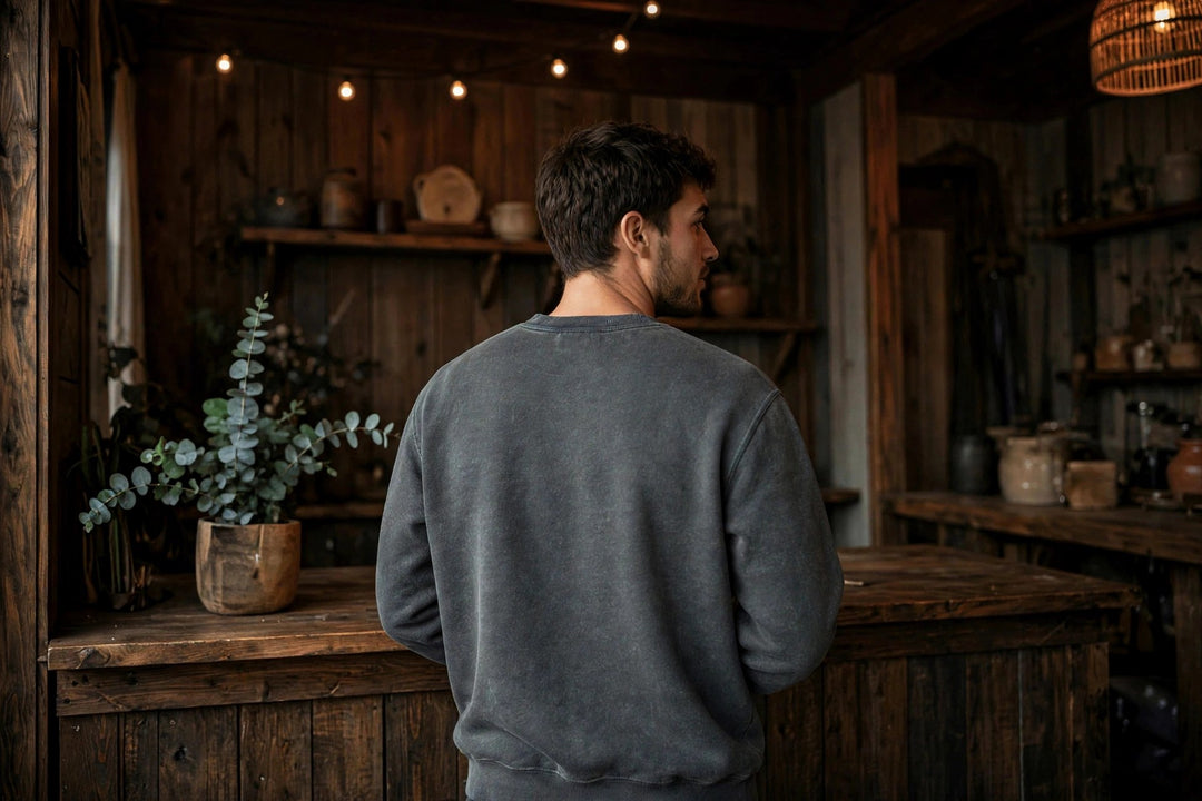 Encinitas Sweatshirt — in the Five Tides room, male back