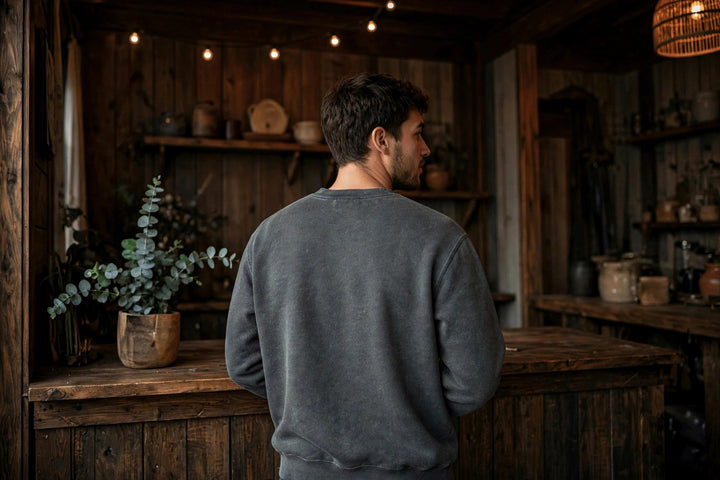 Encinitas Sweatshirt — in the Five Tides room, male back